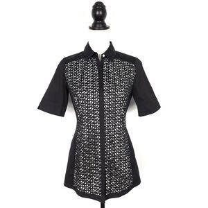 Lafayette 148 Black White Button Up Laser Cut Short Split Sleeve Blouse Size 2